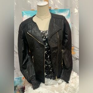 Black Quilted Faux Leather Moto Jacket with Gold Zippers